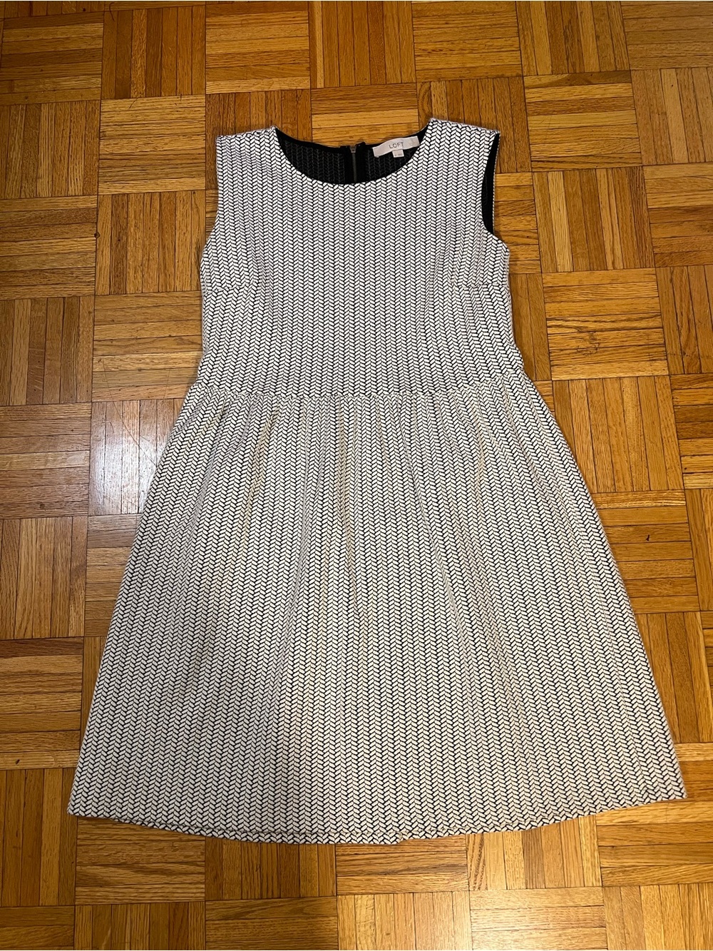 LOFT Black and White Herringbone Sleeveless Crew Neck Fit-and-Flare Dress 12